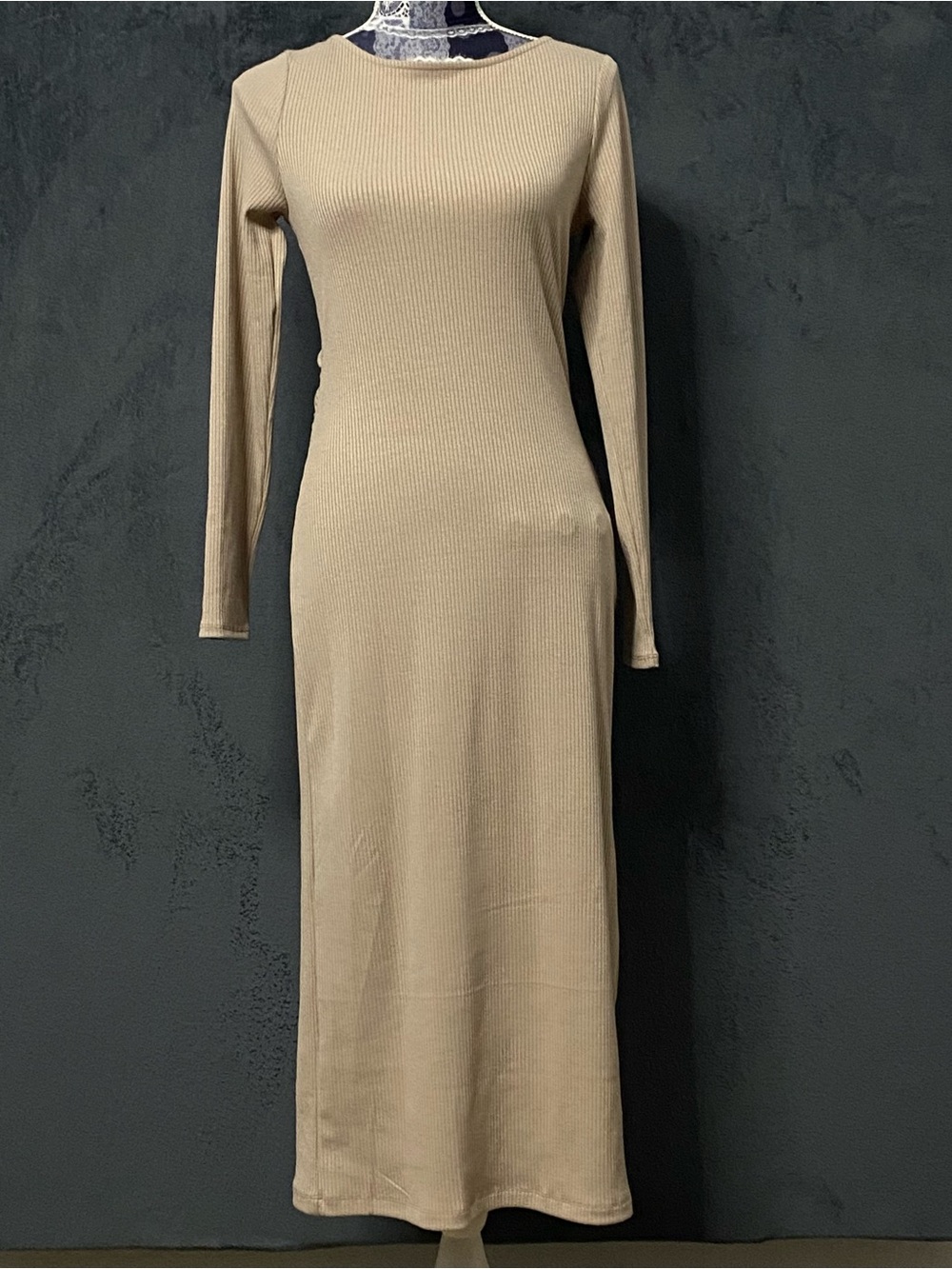 ASTR The Label Midi Dress Womens L Nude Tan Crossed Back Long Sleeve Ribbed